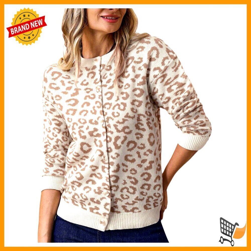 Leopard Print Cardigan Sweater Button Up Crew Neck Knit Fall Winter Chic
